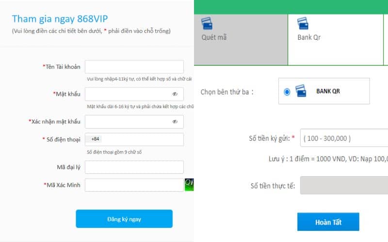 Đăng nhập tài khoản 868VIP và thực hiện nạp tiền
